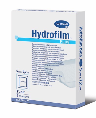 HYDROFILM PLUS, sterilní průhledný obvaz s polštářkem, 9 x 10 cm, 5 ks