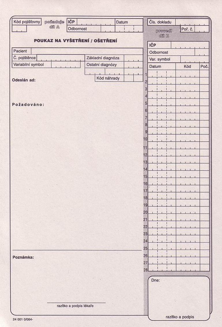 Poukaz na vyšetření - ošetření - 064, blok A4, 100 listů