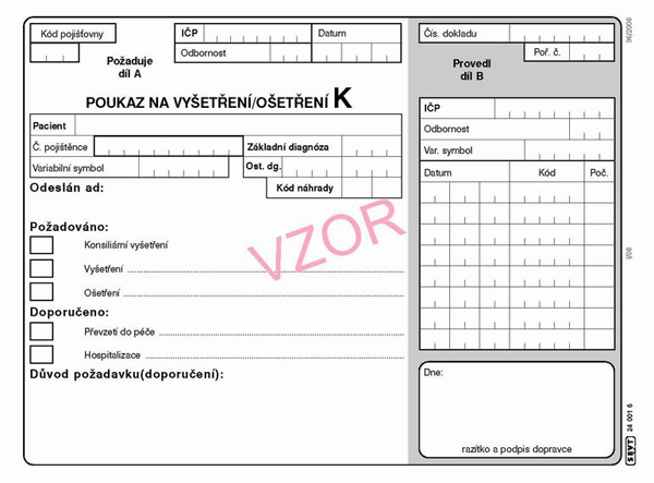 Poukaz na vyšetření - ošetření K - 06k, blok A5, 100 listů