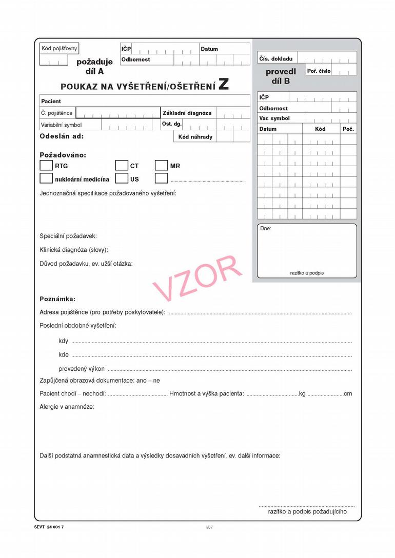 Poukaz na vyšetření - ošetření Z - 06z, blok A4, 100 listů