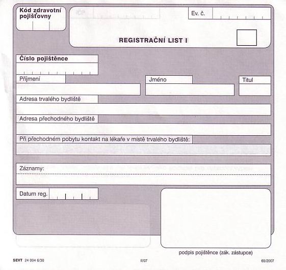 Registrační list, 150 x 140 mm